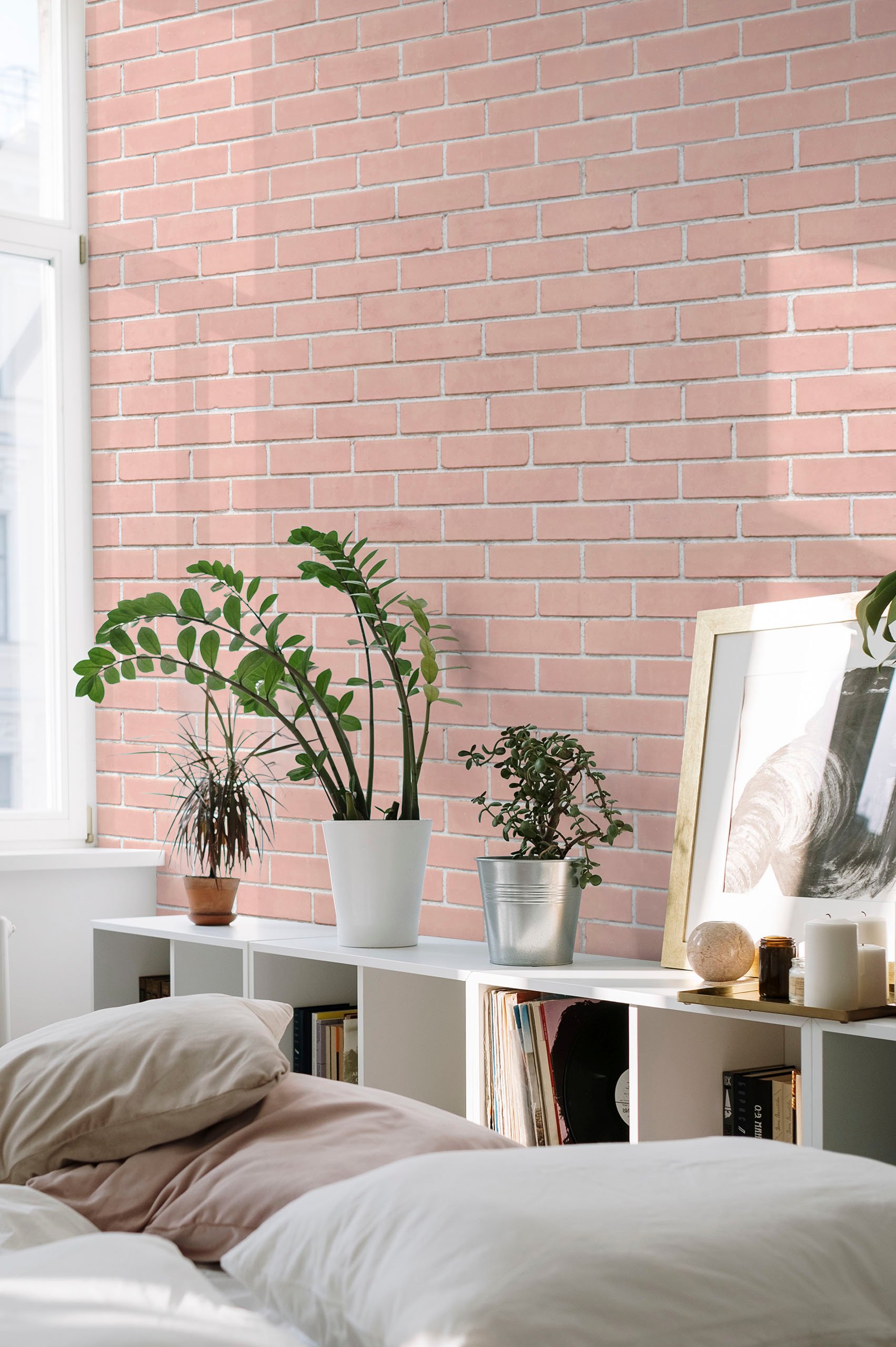 chambre rose papier peint briques panoramique tendance