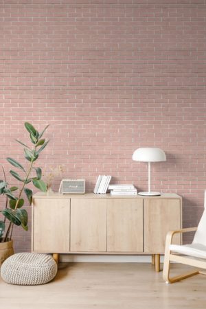 salon rose papier peint briques panoramique tendance