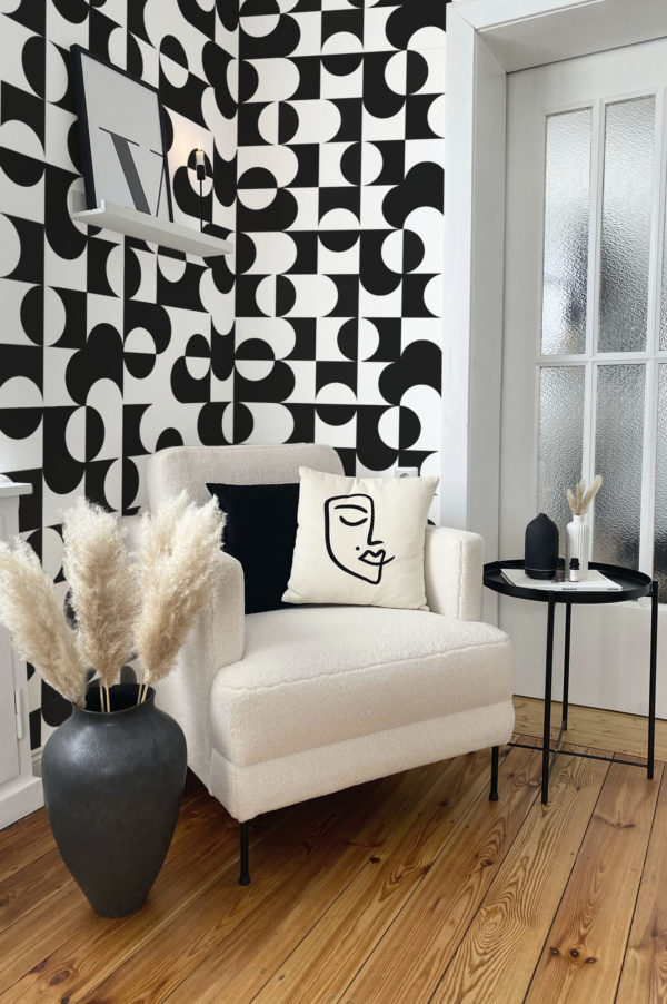 salon noir & blanc papier peint géométrie abstraite géométrique panoramique