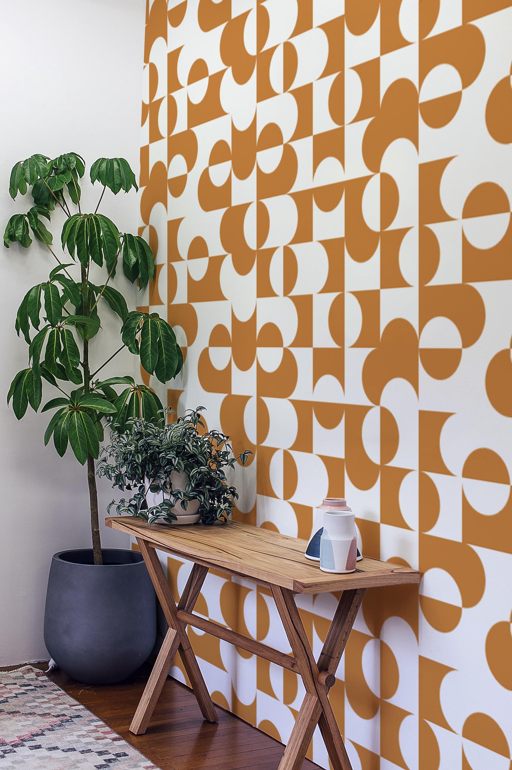 papel pintado panoramico abstracto geometrico naranja salon