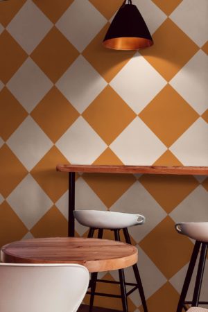 espace public orange papier peint damier sensation géométrique tendance