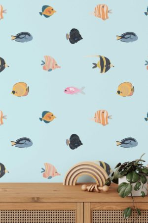 chambre enfant bleu papier peint oasis aquatique enfant poisson