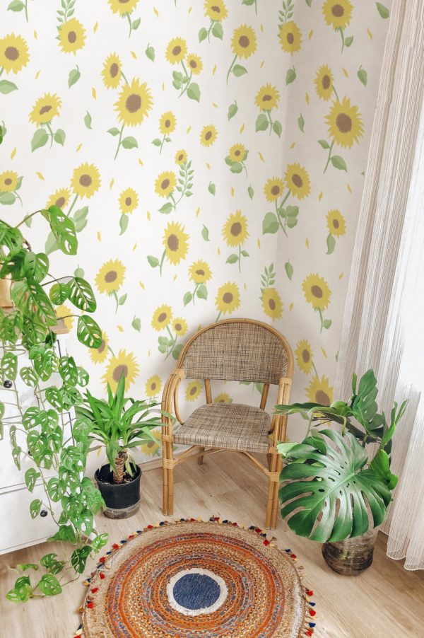 salon blanc papier peint tournesol floral été tendance