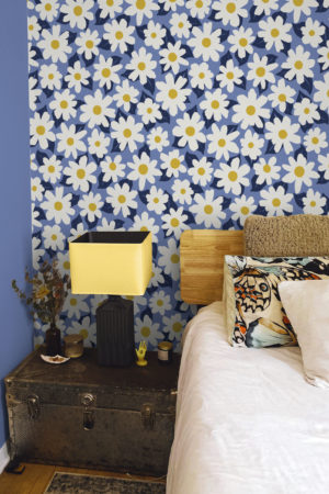 chambre bleu papier peint floral champ de marguerite fleur printemps
