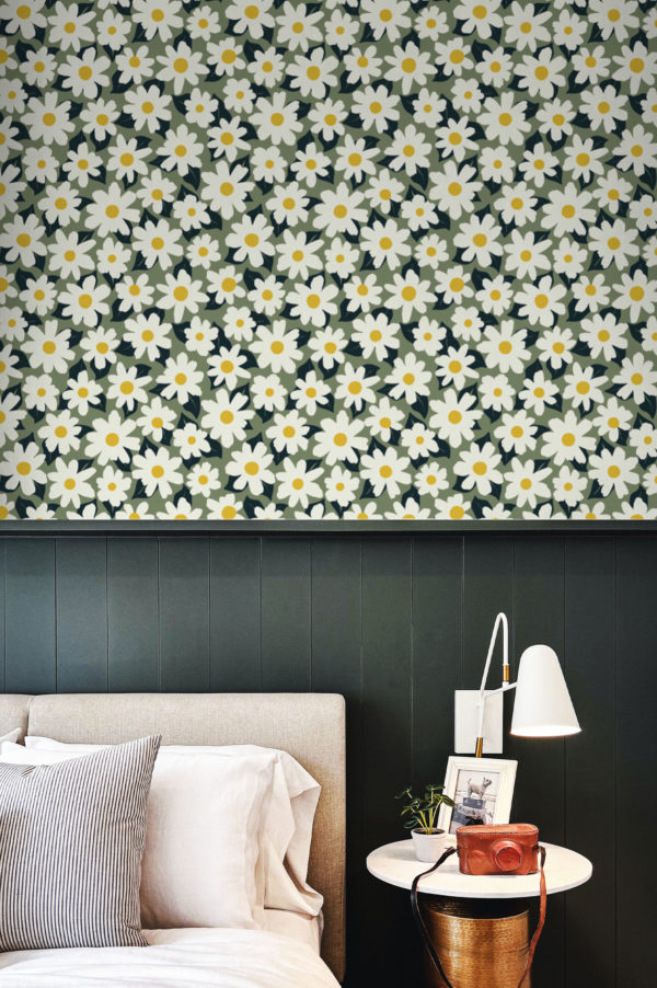 chambre vert papier peint floral champ de marguerite fleur printemps