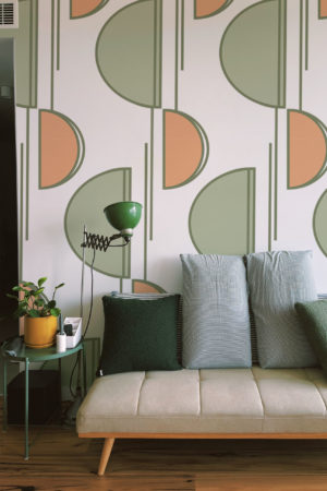 papier peint géométrique zeste n423 vert et orange salon