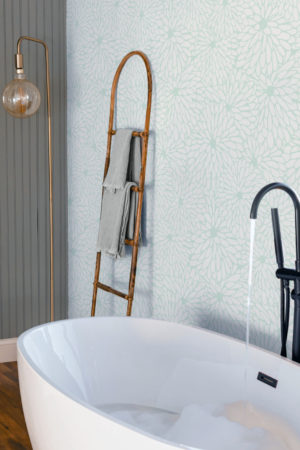 salle de bain vert papier peint chrysanthème floral tendance