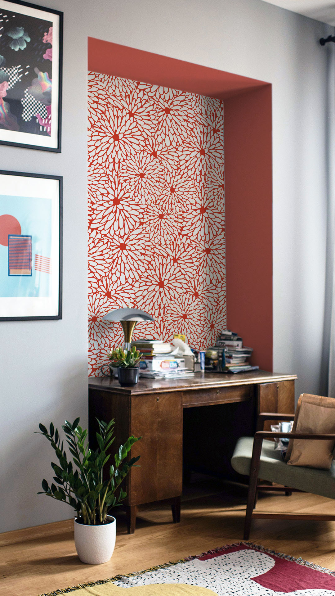 bureau rouge papier peint chrysanthème floral tendance