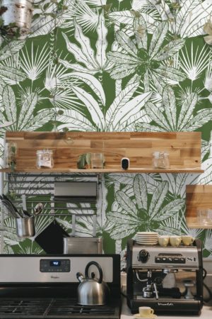 n432 papier peint végétation tropicale fonce vert cuisine
