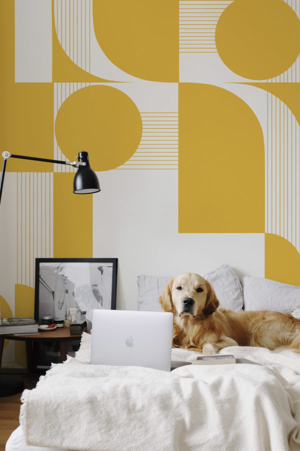 papel pintado panoramico ondas geometricas n420 amarillo dormitorio