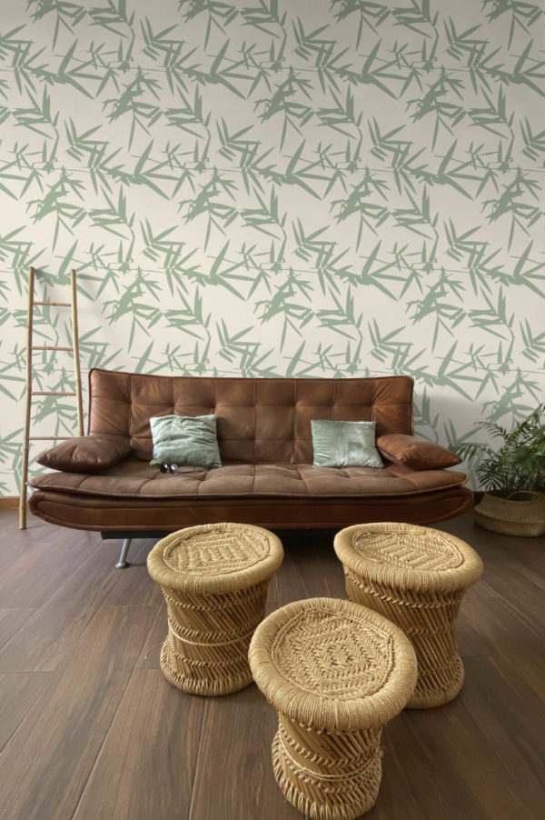 salon vert foncé papier peint feuilles de bambou végétal