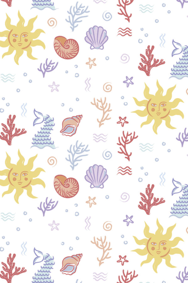 papel pintado estampado multicolor conchas y crustáceos mar pop urbano