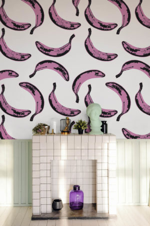 salon rose papier peint banane pop art