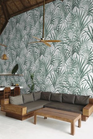 salon blanc papier peint feuille de palmiers végétal tendance