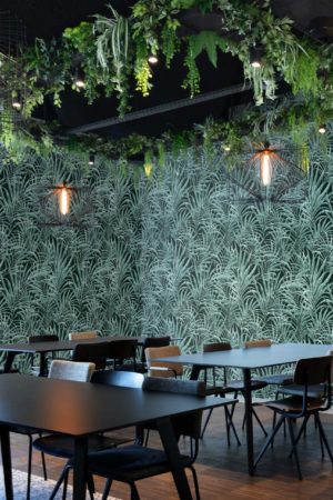 espacio público papel pintado verde hoja de palma planta tendencia