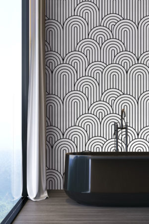 salle de bain noir & blanc papier peint arche semi circulaire art déco géométrique