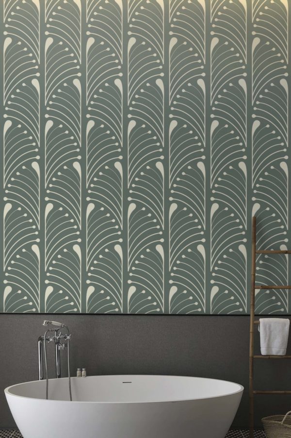 salle de bain vert papier peint demi palmettes art déco vintage