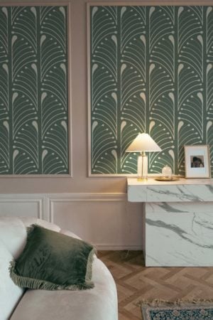 papel pintado salon verde media palmetas art deco vintage