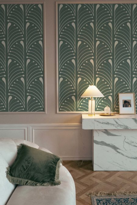 Living room green wallpaper half palmettes Art Deco vintage