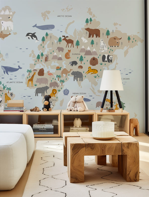 papel pintado dormitorio multicolor mapa monde enfant panoramic