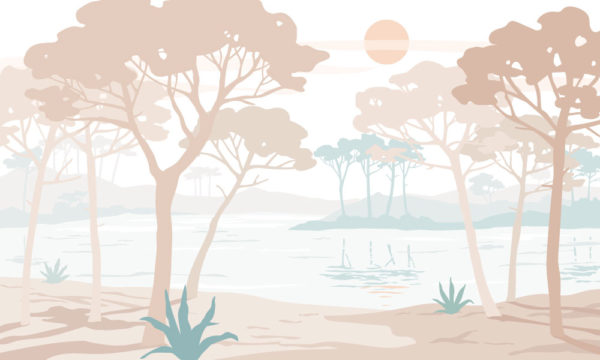 motif papier peint panoramique lagune évasion végétal