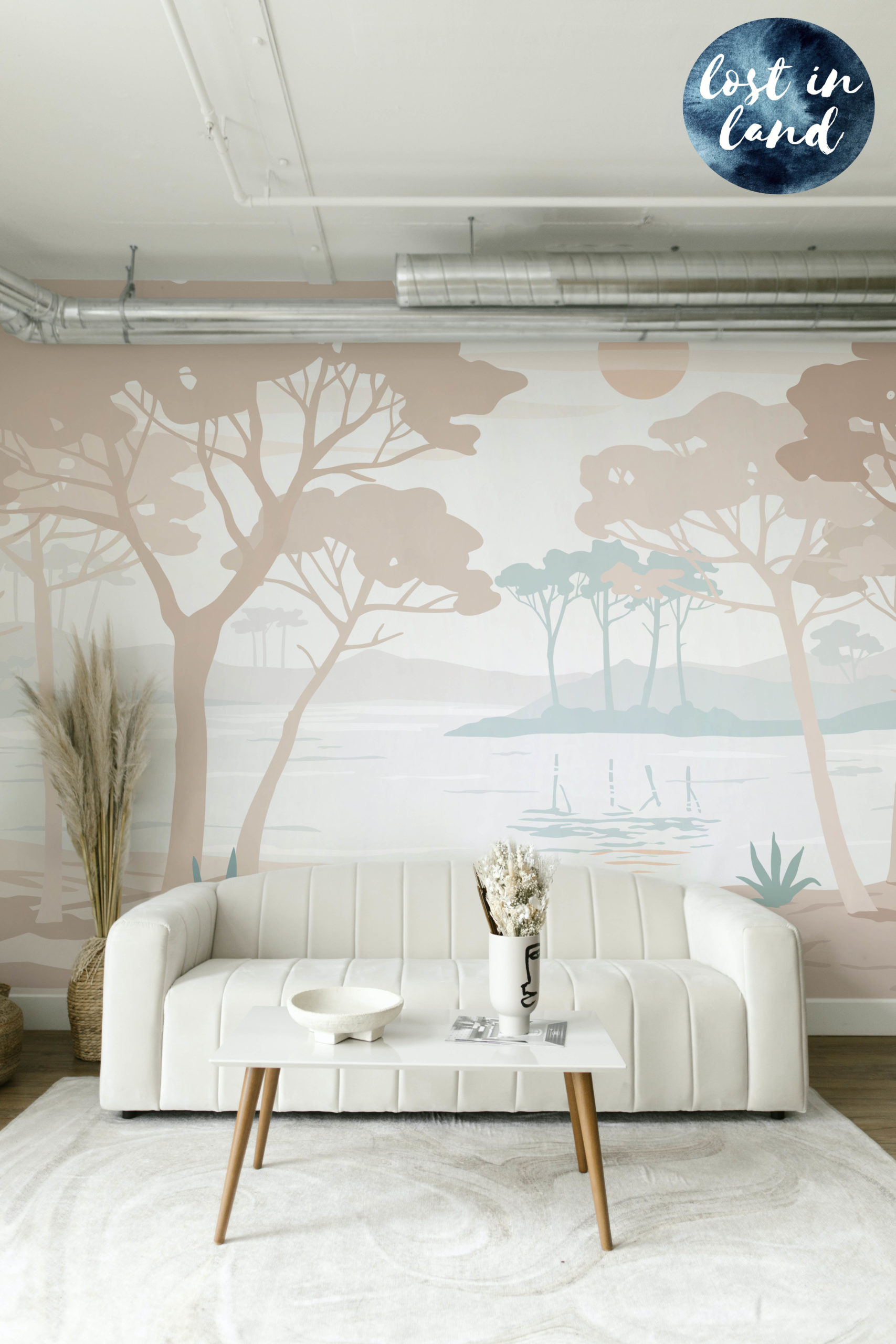 salon panoramico papel pintado laguna evasion végétal