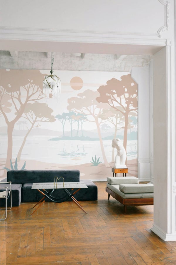 salon papier peint panoramique lagune évasion végétal