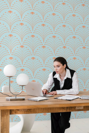 bureau bleu papier peint flamboyance art déco panoramique vintage luxe