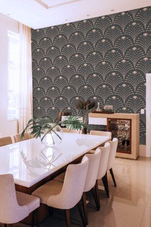 salon gris papier peint flamboyance art déco panoramique vintage luxe