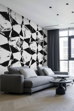 salon noir & blanc papier peint peinture abstraite panoramique