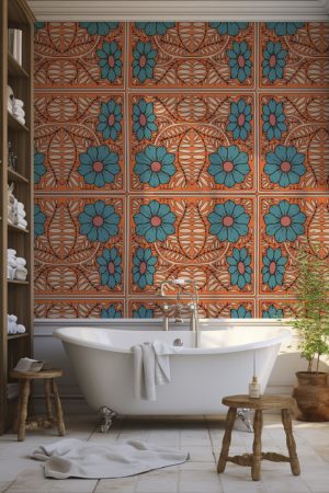 salle de bain terracotta papier peint marguerite art nouveau floral vintage