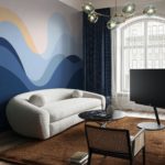 salon bleu papier peint ondulations panoramique pop urbain