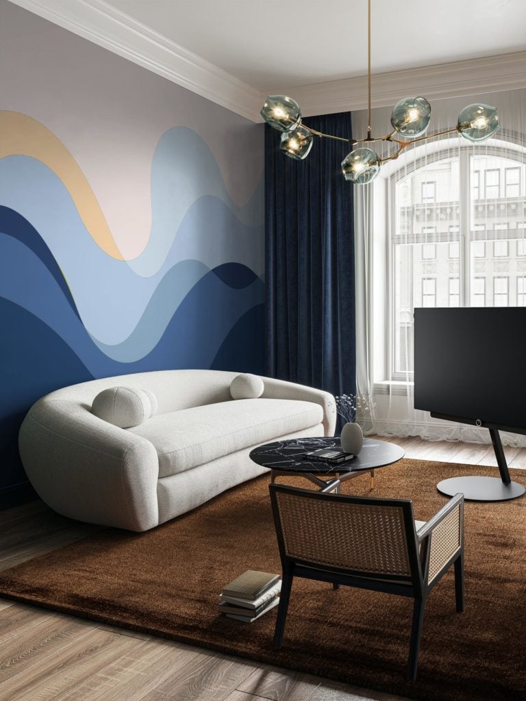 salon bleu papier peint vagues abstraites panoramique pop urbain