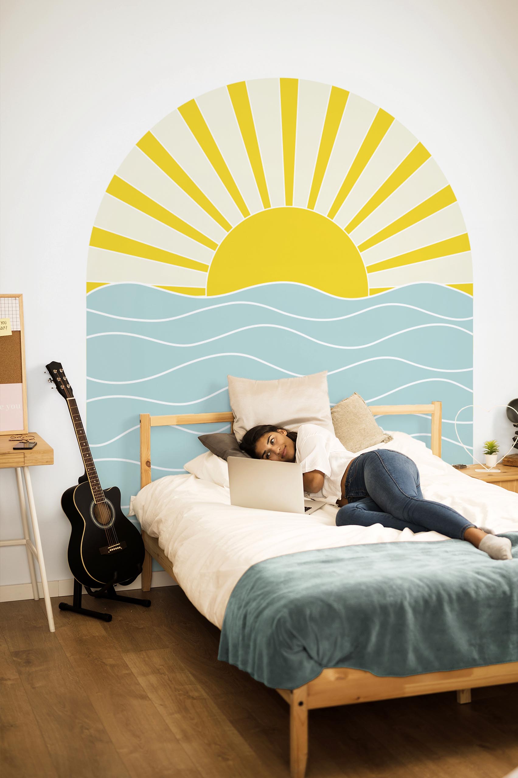 chambre papier peint coucher de soleil sur l'océan géométrique multicolore