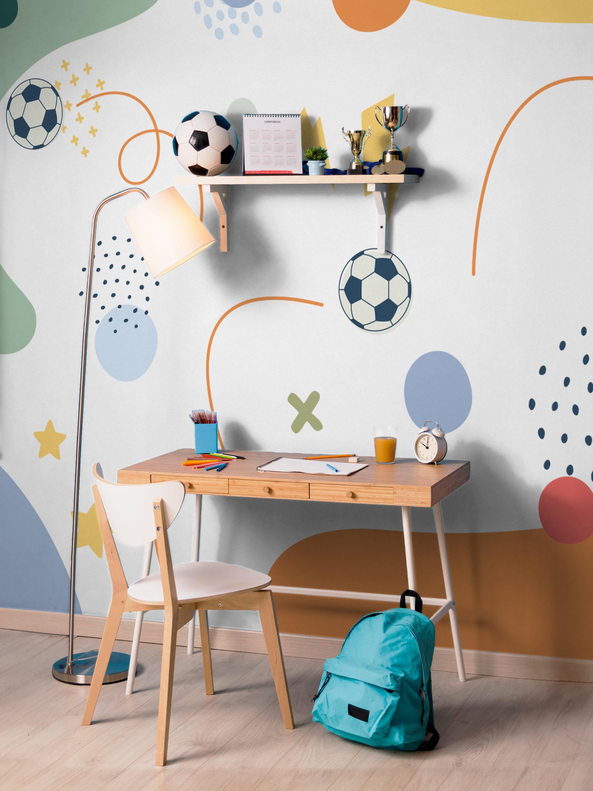 papel pintado fútbol infantil habitación panorámica multicolor