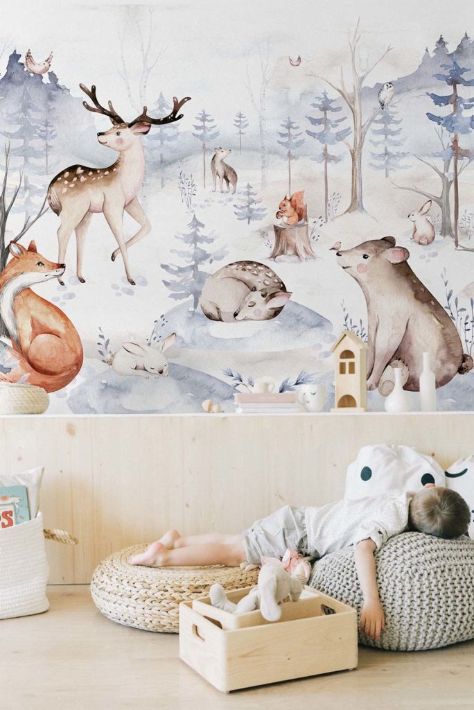 papier peint bois enchantee enfant endormi animaux 