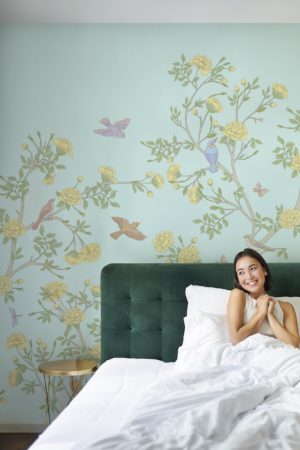 papel pintado dormitorio chinoiserie floral planta panoramica