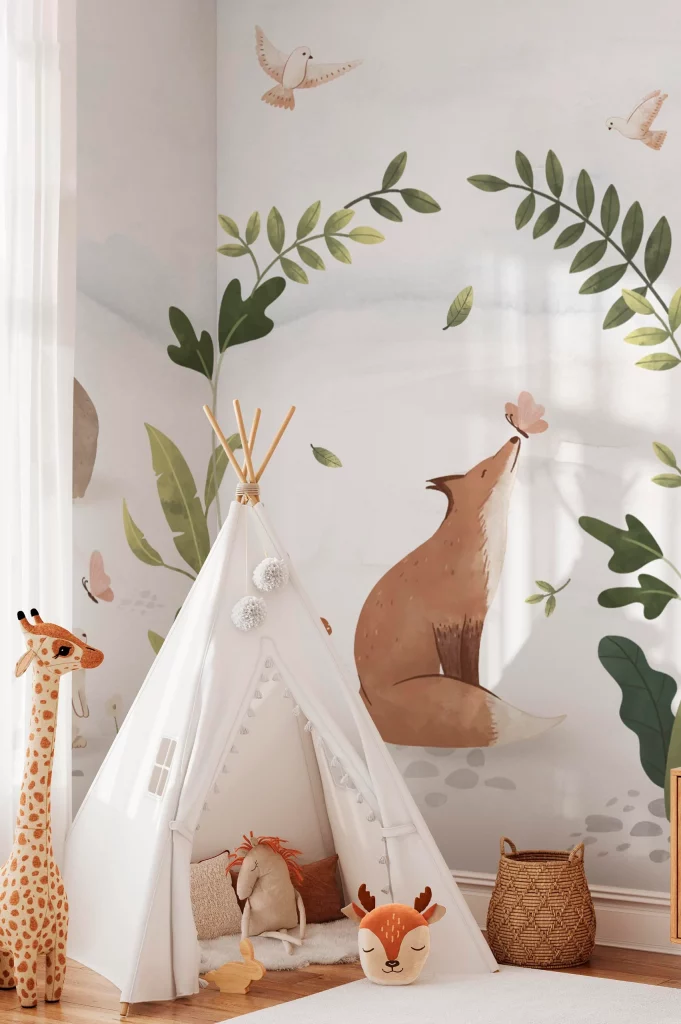 papier peint animaux de la foret renard tipi chambre enfant
