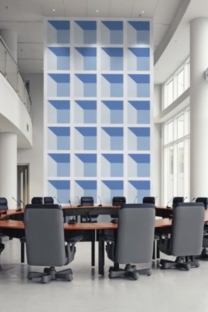 bureau bleu papier peint quadrillage 3D géométrique profondeur carré