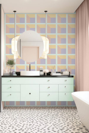 salle de bain multicolore papier peint quadrillage 3D géométrique profondeur carré