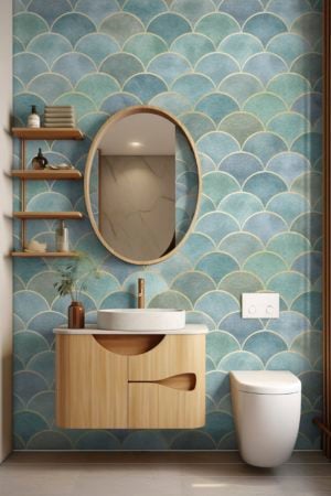 salle de bain vert papier peint écailles art déco géométriques