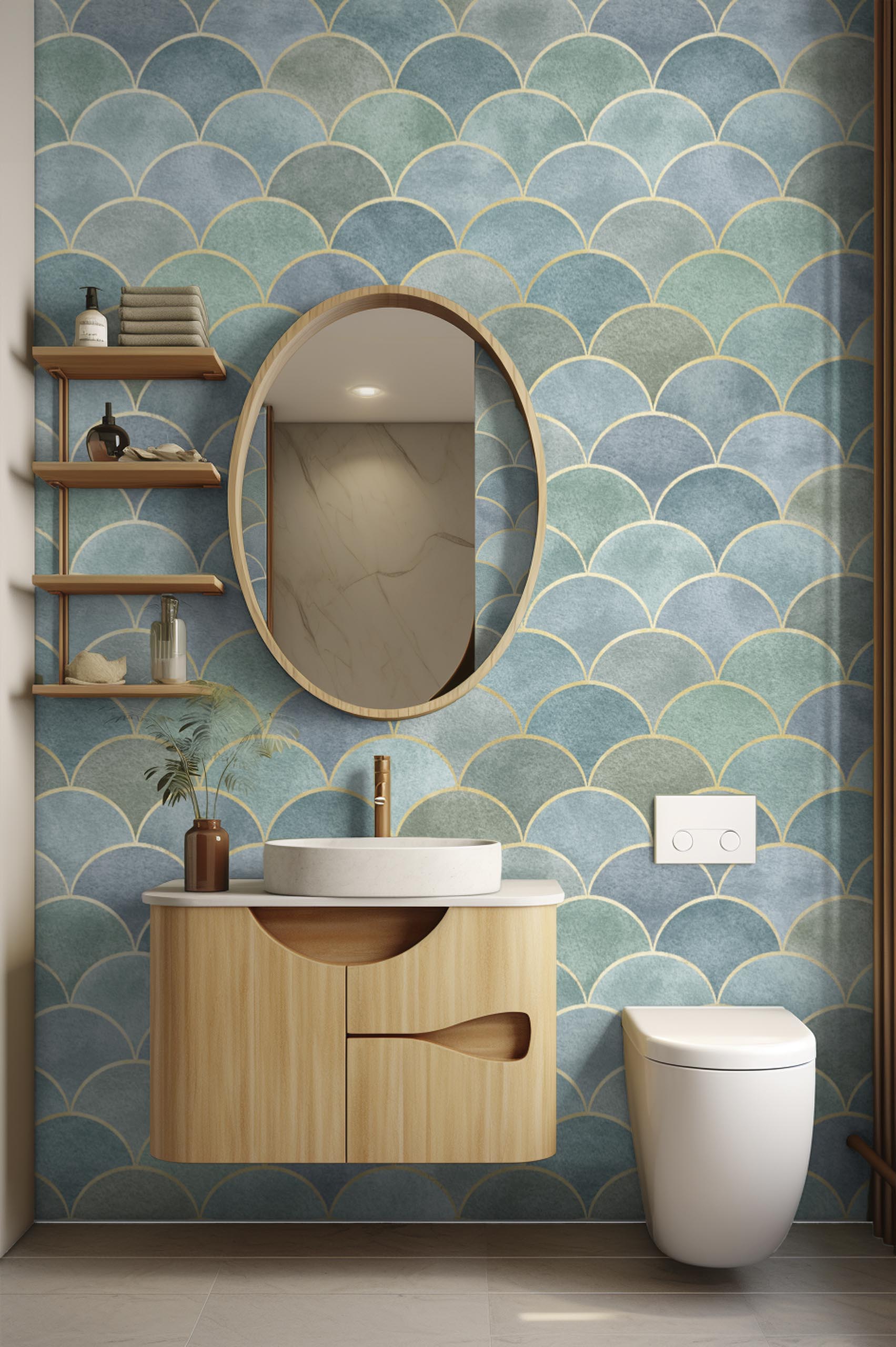 salle de bain vert papier peint écailles art déco géométriques