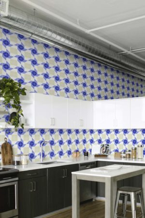 cuisine bleu papier peint mosaïque géométrique panoramique