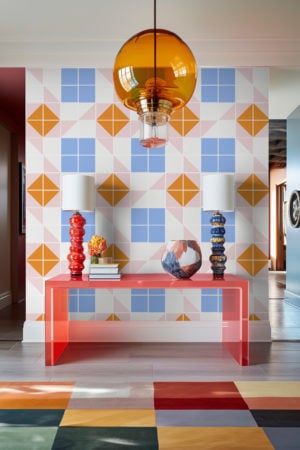 papel pintado salón mosaico geométrico panorámico naranja