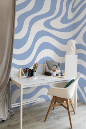 bureau bleu papier peint vagues groovy ondulations vintage pop urbain