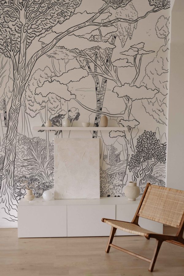 papel pintado n510 blanco y negro bosque jardin dormitorio