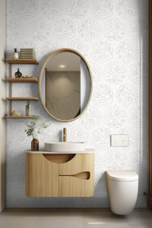 salle de bain beige papier peint mosaïque botanique géométrique vintage rétro
