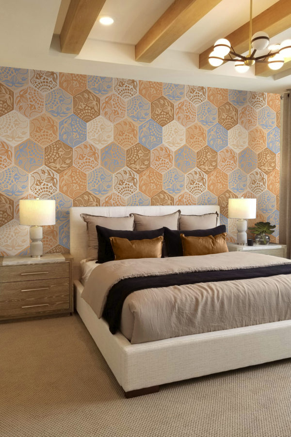 papel pintado mosaico geométrico botánico retro vintage naranja habitación