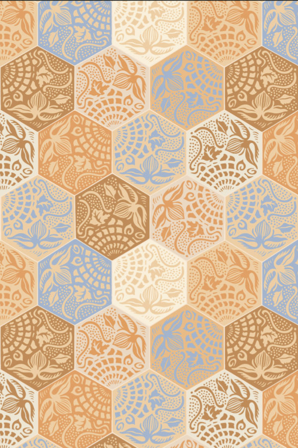 papel pintado motivo naranja retro vintage geométrico botánico mosaico