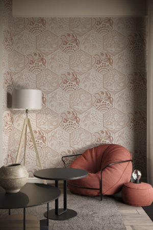 salon terracotta papier peint mosaïque botanique géométrique vintage rétro